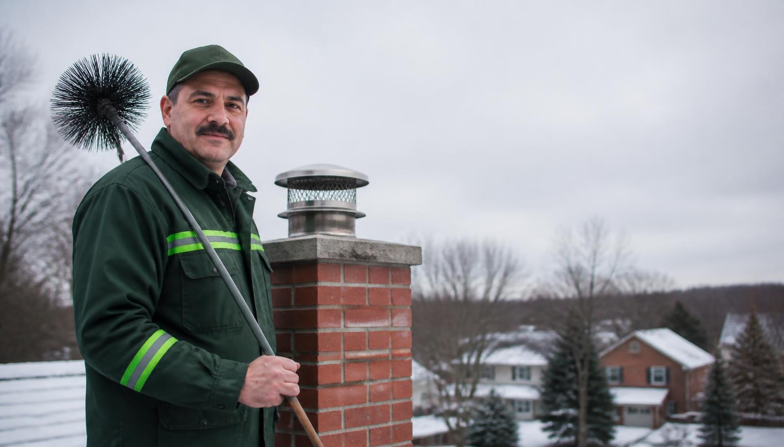 WETT-certified Fireplace Chimney Newmarket technician beside a brick chimney with a stainless cap on a snowy Newmarket rooftop